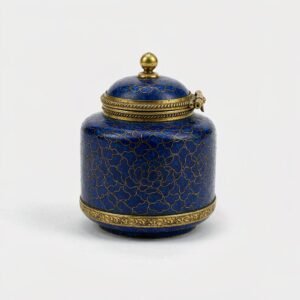 Chinese cloisonné enamel trinket box in deep blue with gold peony scroll pattern and gilt brass hinged lid