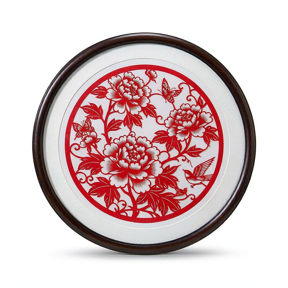 Handmade Chinese red paper cutting artwork with peony and butterfly pattern in wooden frame
